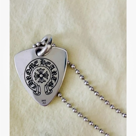 Chrome Hearts, solid silver, 18” beaded chain, “guitar pick”shaped pendant. - Picture 4 of 9